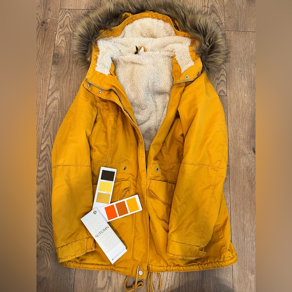 Divided Mustard Yellow Parka with Faux Fur Hood